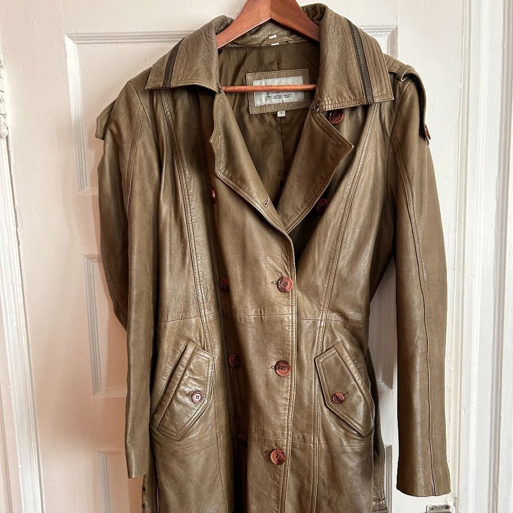 Bod Christensen green grey leather trench jacket with attached belt sz XL
